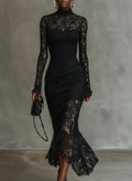 Elegant black stretchy lace fishtail maxi dress