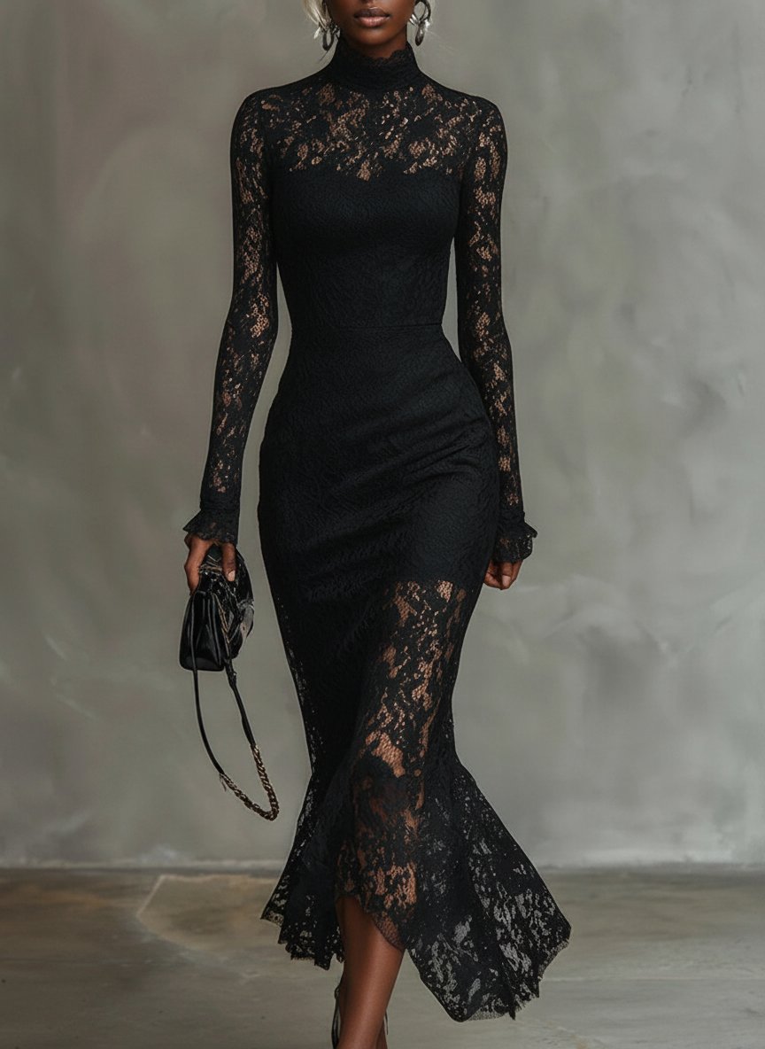 Elegant black stretchy lace fishtail maxi dress