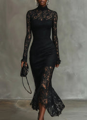 Elegant black stretchy lace fishtail maxi dress
