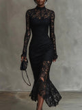 Eglant Black Stretch Lace Fishtail Maxi Dress