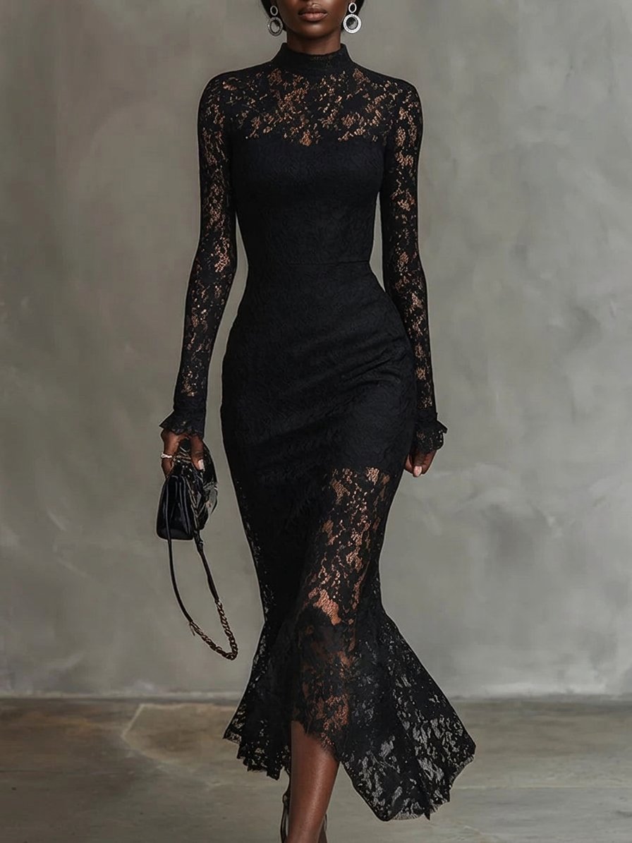 Eglant Black Stretch Lace Fishtail Maxi Dress