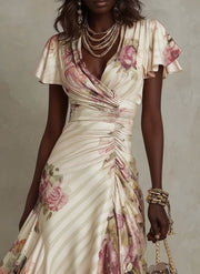 Margaret | Vintage Floral Satin Midi Dress