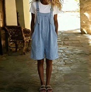 Clara | Vintage Washed Soft Cotton Feel Denim Short Overall Light blue