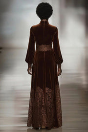 Lacee Patchwork Turtleneck Balloon Sleeve Velvet Maxi Dresses