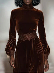 Lacee Patchwork Turtleneck Balloon Sleeve Velvet Maxi Dresses