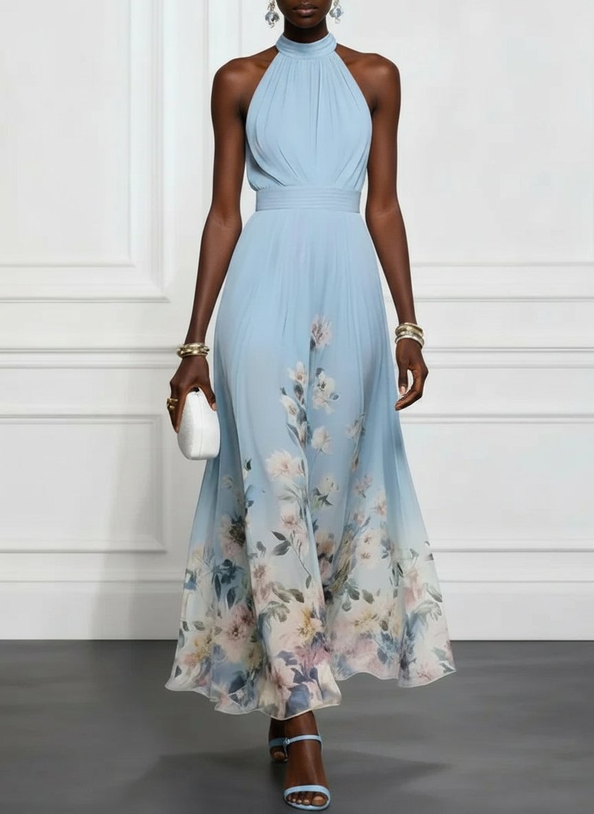 Rosalyn | Blue Floral Chiffon Halter Maxi Dress