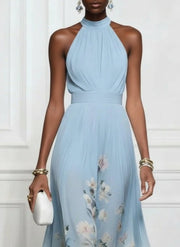 Rosalyn | Blue Floral Chiffon Halter Maxi Dress