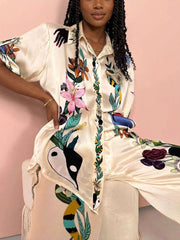 Nika | Resort Vibes Satin unique print shirt & trousers set Fit