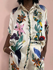 Nika | Resort Vibes Satin unique print shirt & trousers set Fit