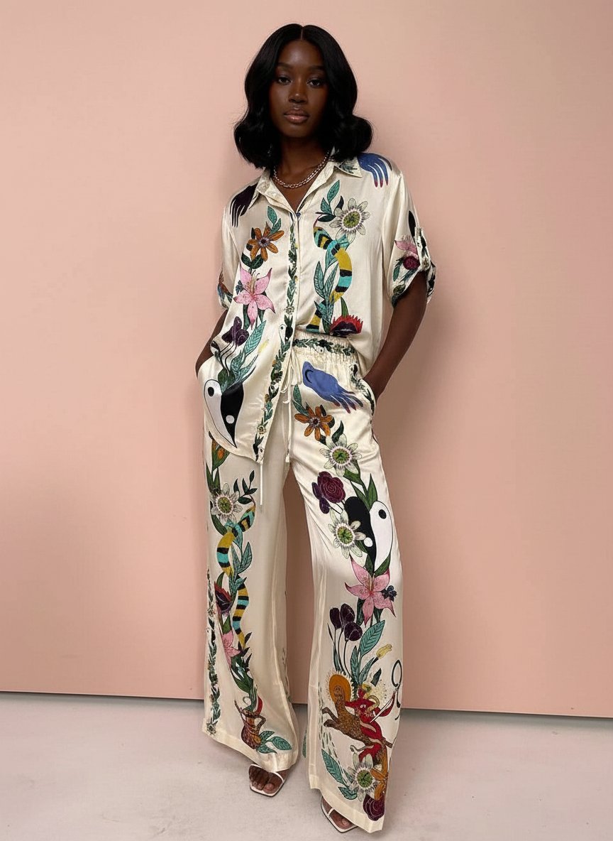 Nika | Resort Vibes Satin unique print shirt & trousers set Fit