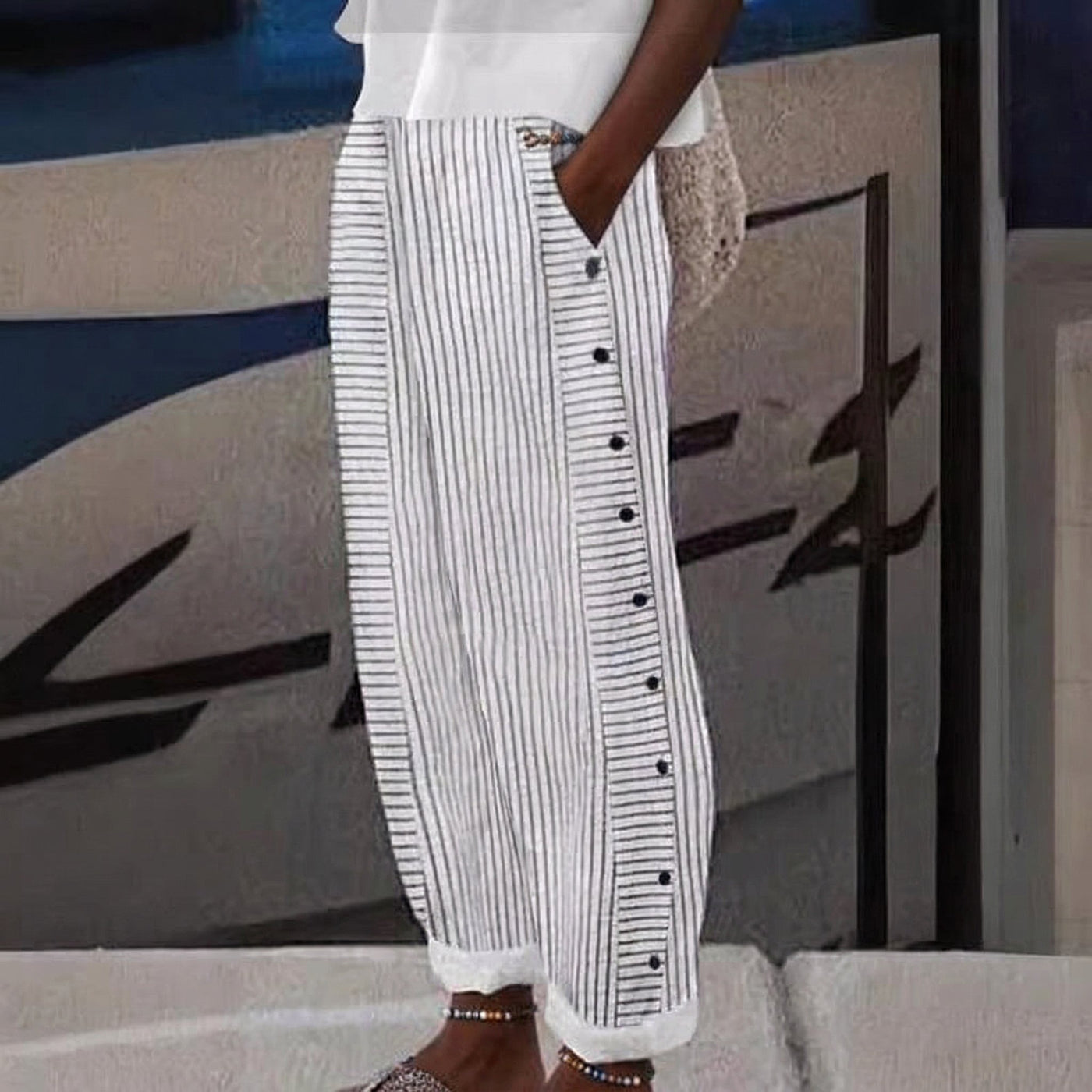 VIEENA – STRIPED BUTTON-ACCENT PANTS