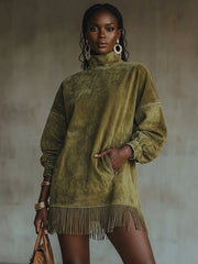 Darcye | Suede Dress with Fringes and Turtleneck
