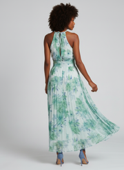 Portia | Pleated Halter Soft Floral Pattern Midi Dress