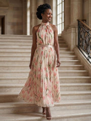 Aurelle | Halter Neck Floral Midi Dress