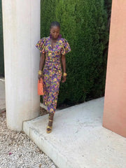 Loren - Vibrant Midi Dress with Puff Sleeves