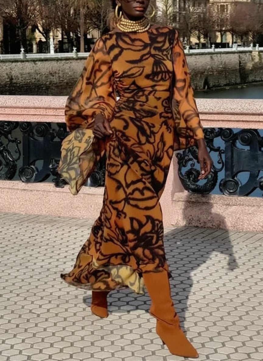 Ashley | Beach Glam Brown long printed dress