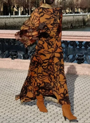 Ashley | Beach Glam Brown long printed dress
