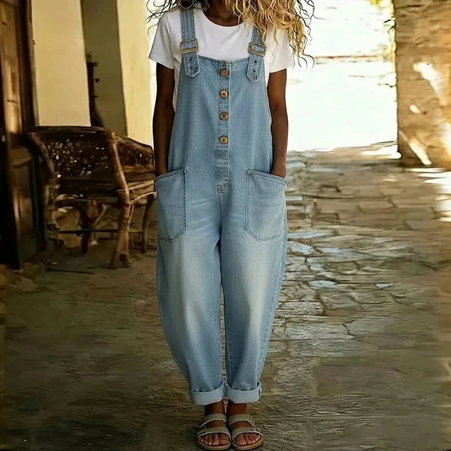 Mae | Vintage Soft Cotton Denim-Look Overalls with Adjustable straps