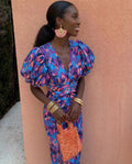 Loren - Vibrant Midi Dress with Puff Sleeves