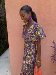 Loren - Vibrant Midi Dress with Puff Sleeves