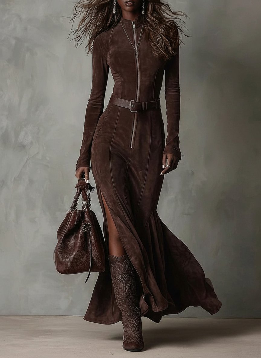 Jessy | Suede Dress with Belt and Zipper