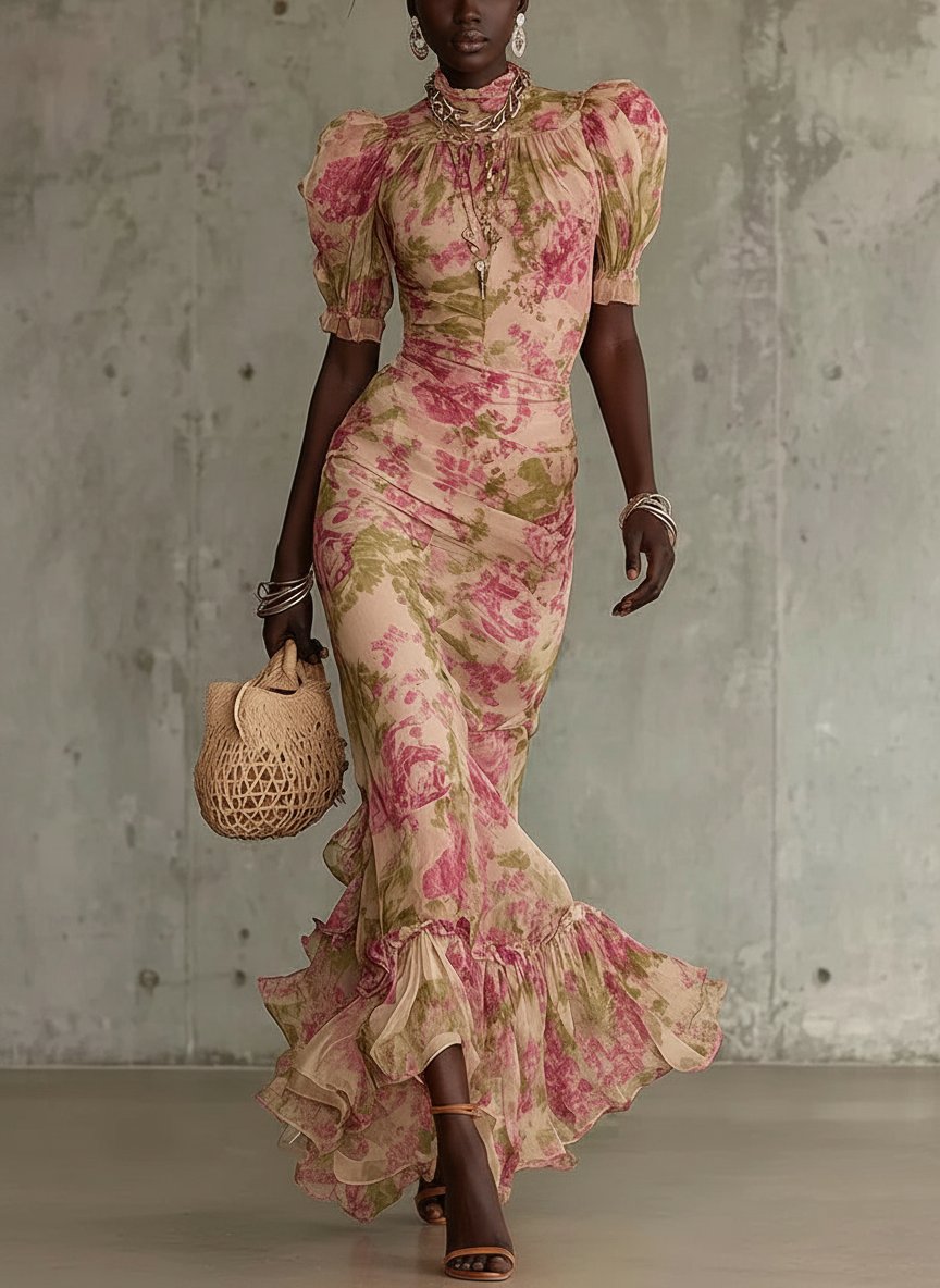 Mae | Vintage Rose Print Puff Sleeve Maxi Dress