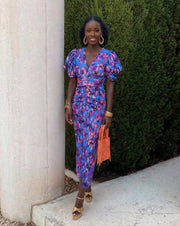 Loren - Vibrant Midi Dress with Puff Sleeves