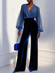 Blue mesh V-neck long sleeve velvet jumpsuit
