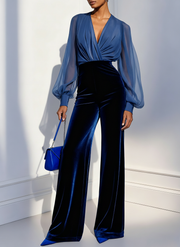 Bluee mesh V-neck long sleeve velvet jumpsuit