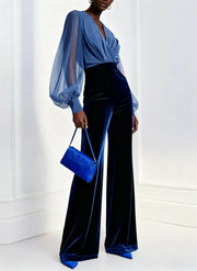 Bluee mesh V-neck long sleeve velvet jumpsuit