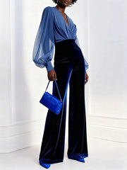 Bluee mesh V-neck long sleeve velvet jumpsuit