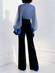 Bluee mesh V-neck long sleeve velvet jumpsuit