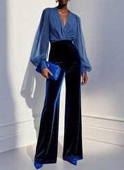 Bluee mesh V-neck long sleeve velvet jumpsuit