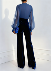 Bluee mesh V-neck long sleeve velvet jumpsuit