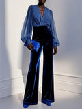 Bluee mesh V-neck long sleeve velvet jumpsuit