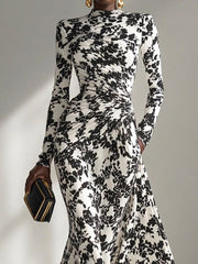 Blak and White Pattern Stretch Mix Wrap Dress