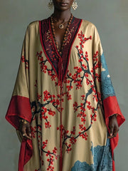 Japenese Red Plum Blossom Maxi Dress with Batwing Sleeves and Print
