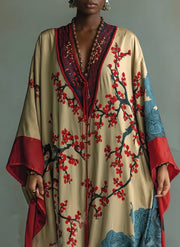 Japenese Red Plum Blossom Maxi Dress with Batwing Sleeves and Print
