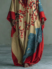 Japanese Red Plum Blossom Maxi Dress with Batwing Sleeves and Print
