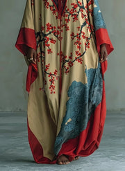 Japenese Red Plum Blossom Maxi Dress with Batwing Sleeves and Print