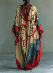 Japenese Red Plum Blossom Maxi Dress with Batwing Sleeves and Print