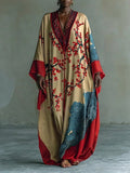 Japenese Red Plum Blossom Maxi Dress with Batwing Sleeves and Print