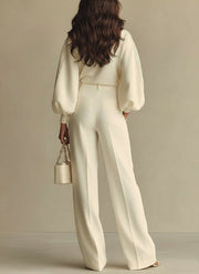 Isa | Ivory Crew Neck Top And High-waisted Wide-leg Pants Set