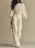 Isa | Ivory Crew Neck Top And High-waisted Wide-leg Pants Set