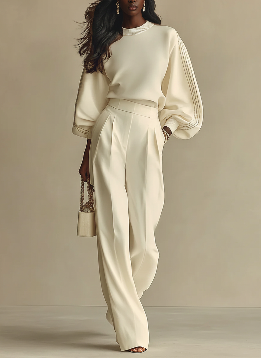 Isa | Ivory Crew Neck Top And High-waisted Wide-leg Pants Set