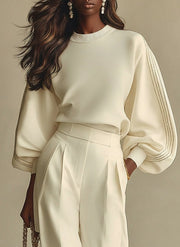 Isa | Ivory Crew Neck Top And High-waisted Wide-leg Pants Set