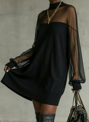Daisy | Black Mesh Sleeve High‑Neck Midi Dress