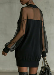 Daisy | Black Mesh Sleeve High‑Neck Midi Dress