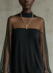 Daisy | Black Mesh Sleeve High‑Neck Midi Dress