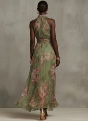 Florence | Green Floral Chiffon Halter Maxi Dress
